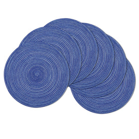 SHACOS round braided placemats in blue and white with subtle shimmer protecting surfaces.