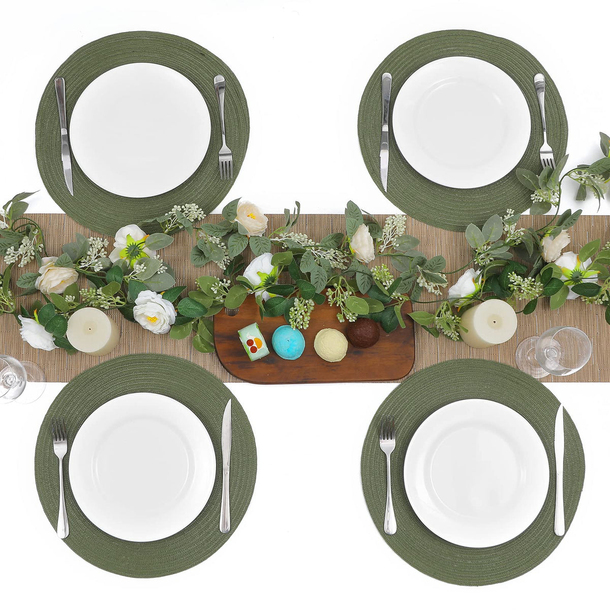 SHACOS olive green braided placemats add texture to table decor