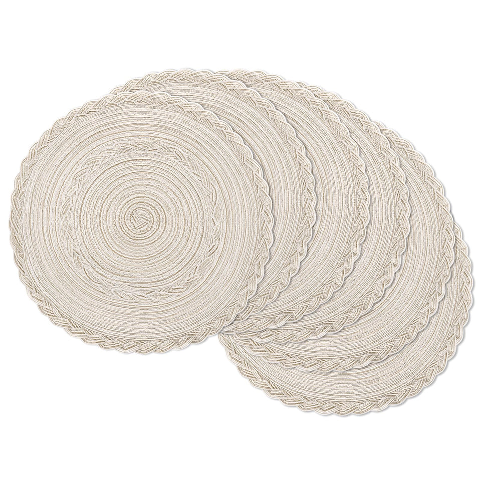 SHACOS round placemats with braided ivory border, six-pack for elegant dining.