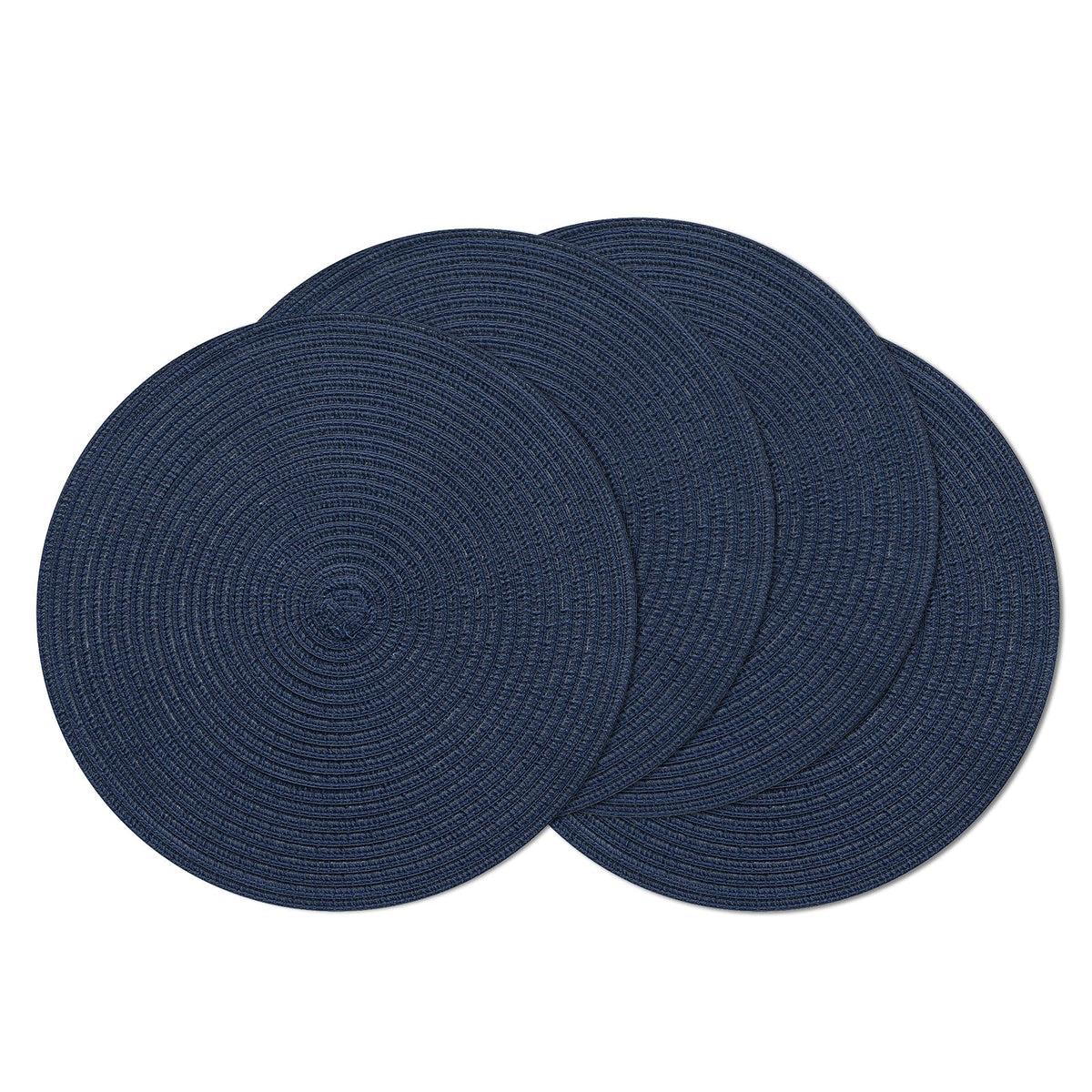 SHACOS navy round placemats 4-pack on table protecting surfaces during meals.