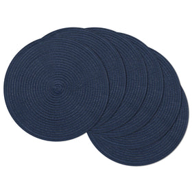 SHACOS round placemats navy 6-pack on table showing coordinated dining protection.