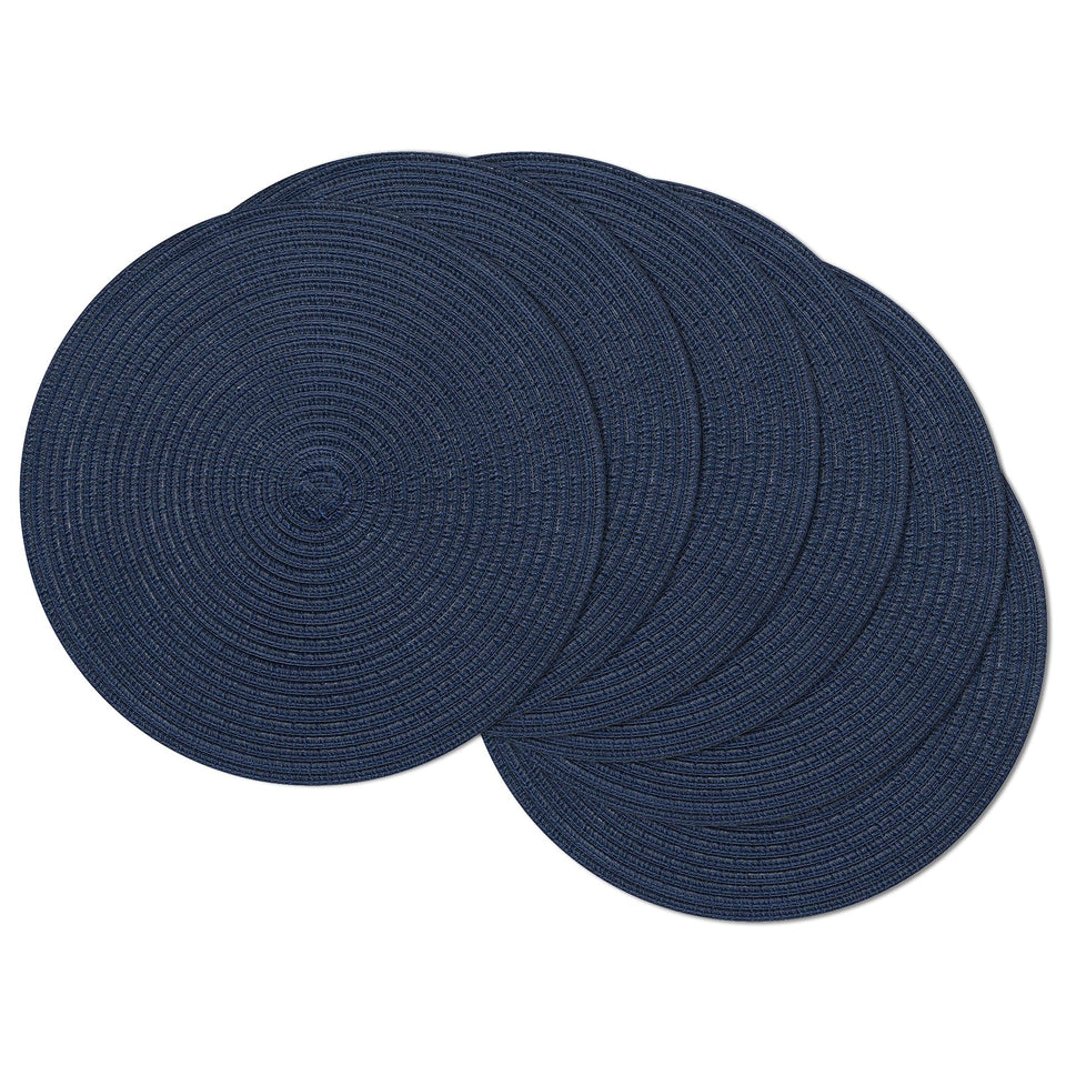 SHACOS round placemats navy 6-pack on table showing coordinated dining protection.