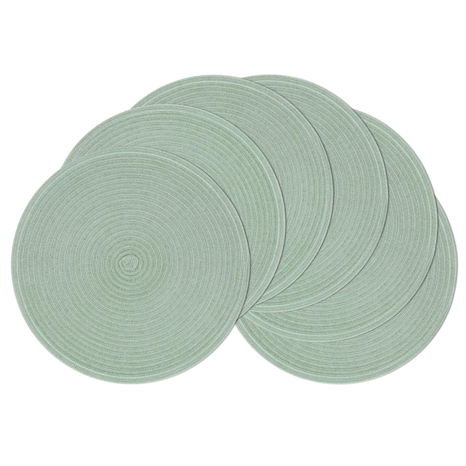 SHACOS Round Placemats in Sage Green reveal braided texture and stress-free table protection.