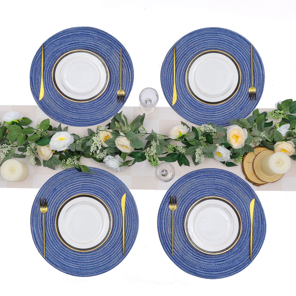 SHACOS braided placemats add tactile interest to a stylish table setup.