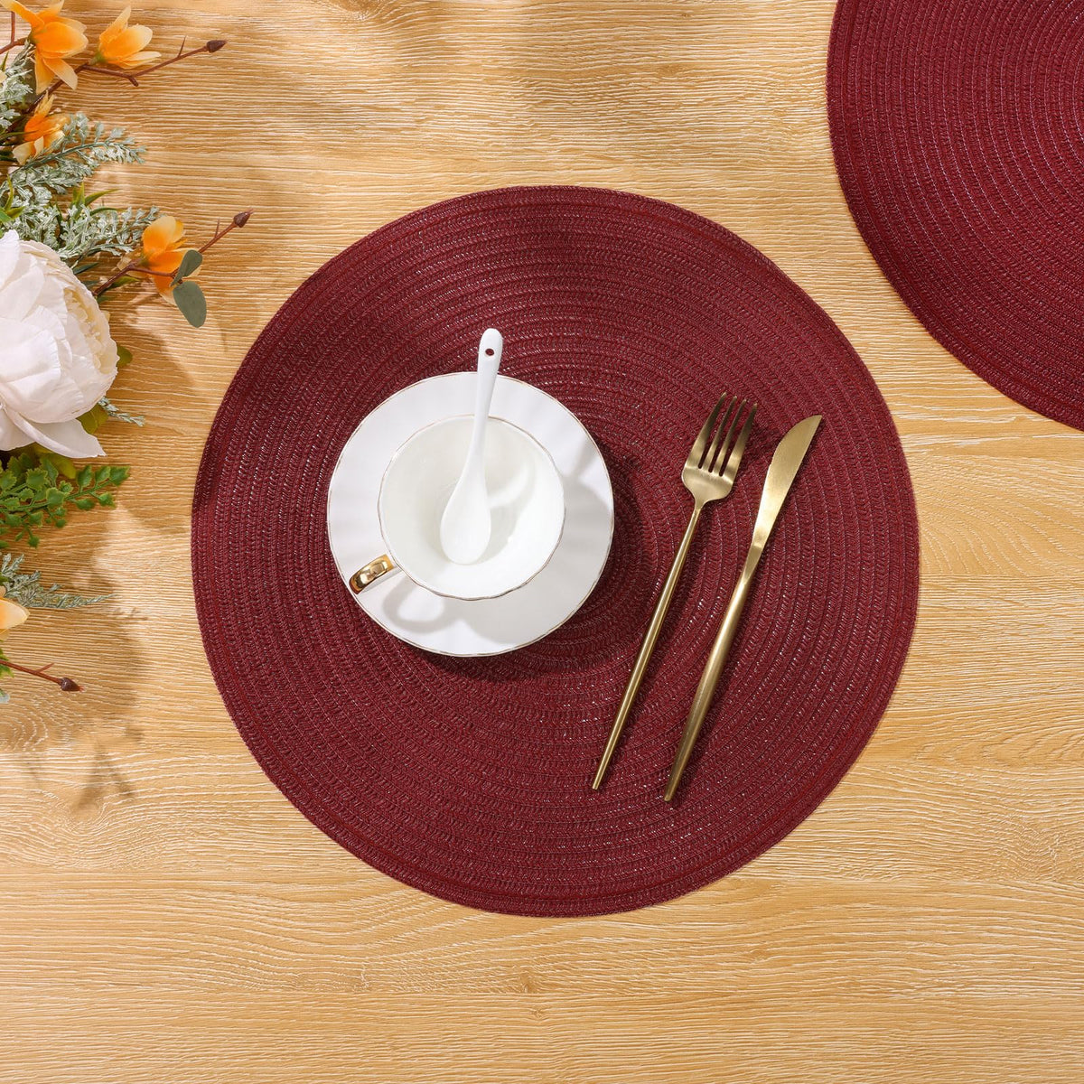 SHACOS round placemats complement Christmas and everyday meals alike.