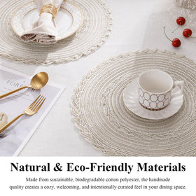 SHACOS round placemats feature wrinkle resistance and simple upkeep.