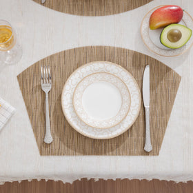 SHACOS wedge shape placemats tan set4 dining scene close-up weave