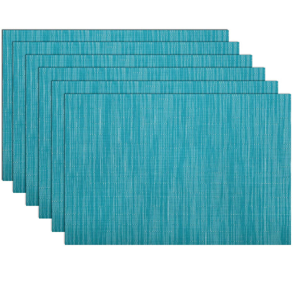 SHACOS woven placemats teal basket weave pattern protect dining surfaces.