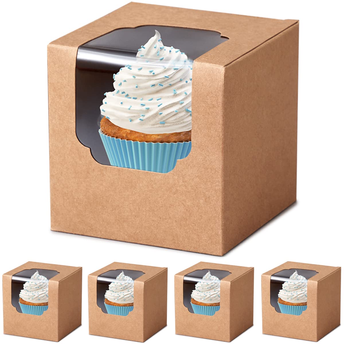 Shallive Kraft cupcake box with open front showing clear lid for easy display.