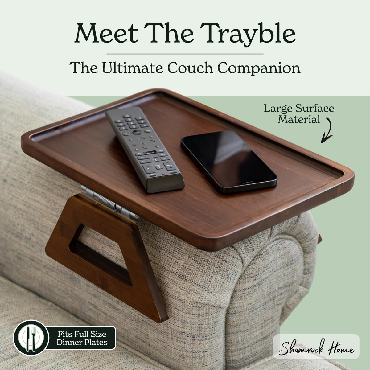 Shamrock Home Trayble clipped to the arm demonstrating secure clip on attachment
