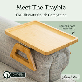 Shamrock Home Bamboo Trayble couch arm table clip-on attachment keeps remotes and drinks secure.