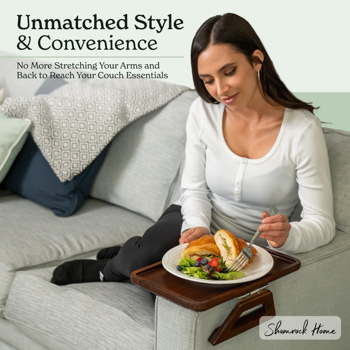 Shamrock Home Trayble in use for dining on the couch keeping plates stable