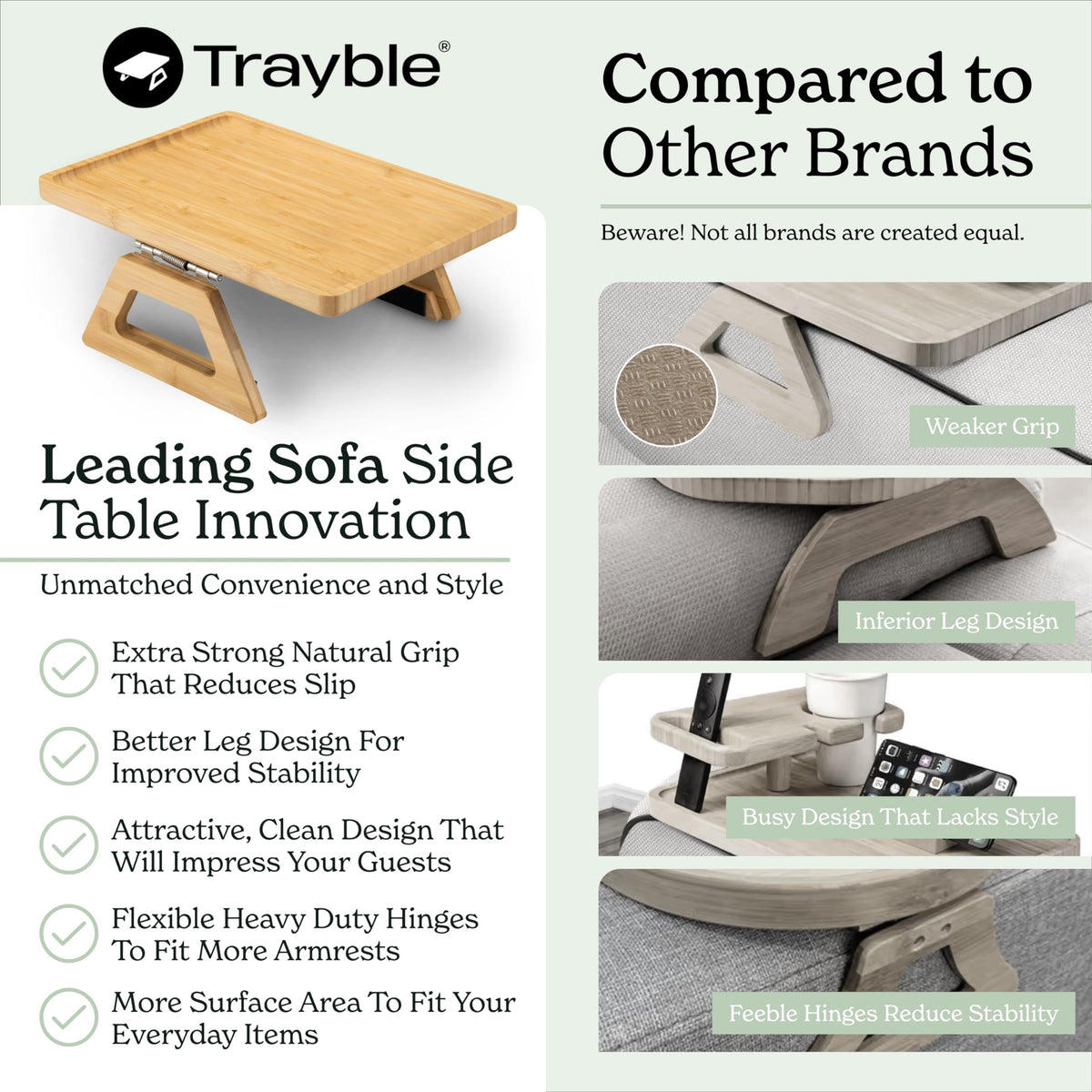 Shamrock Home Bamboo Trayble couch arm table fits a regular dinner plate for snacks.
