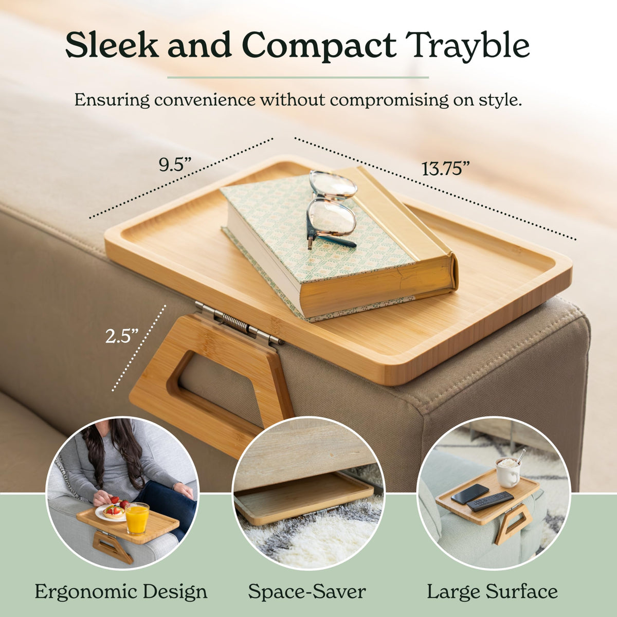 Shamrock Home Bamboo Trayble couch arm table in use with snacks and remote.