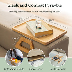 Shamrock Home Bamboo Trayble couch arm table in use with snacks and remote.