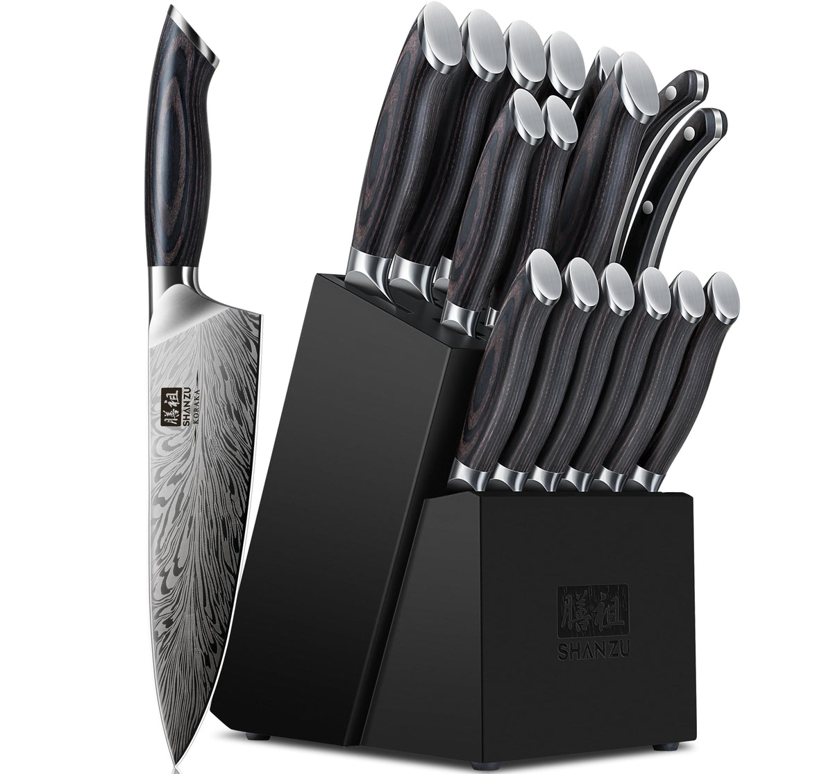 SHAN ZU 16-piece knife set displayed with wooden block for organized culinary prep