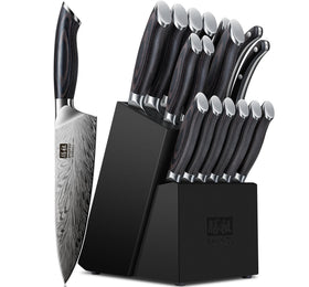 SHAN ZU 16-piece knife set displayed with wooden block for organized culinary prep