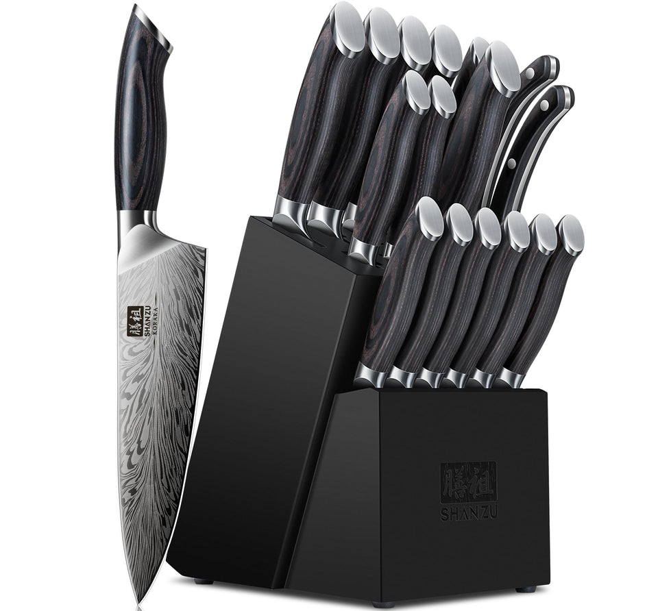 SHAN ZU 16-piece knife set displayed with wooden block for organized culinary prep