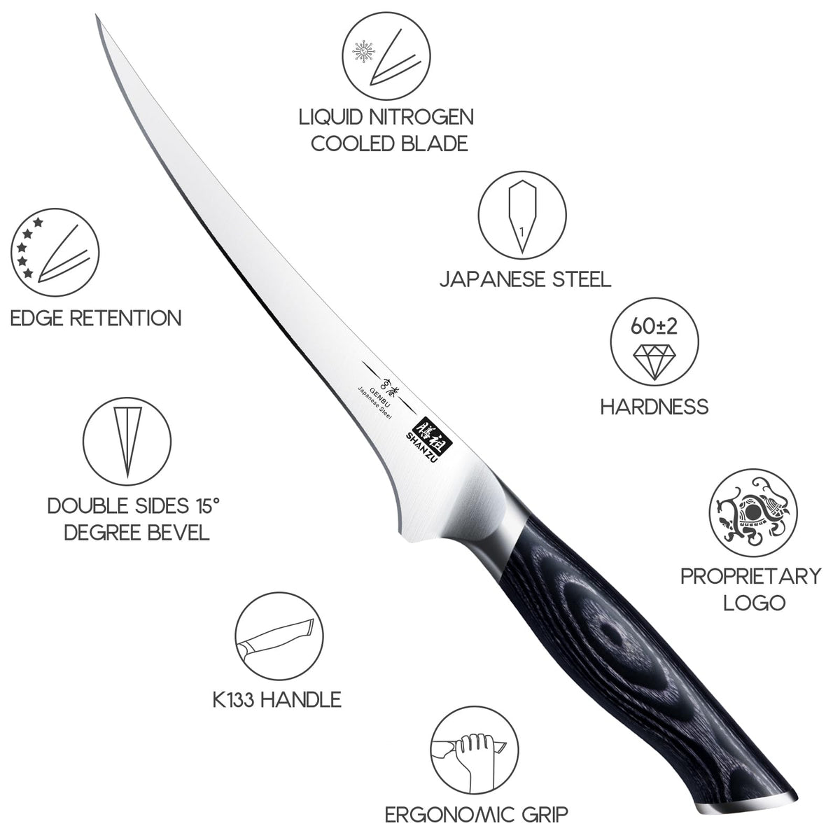 SHAN ZU boning knife with K133 handle for secure grip.