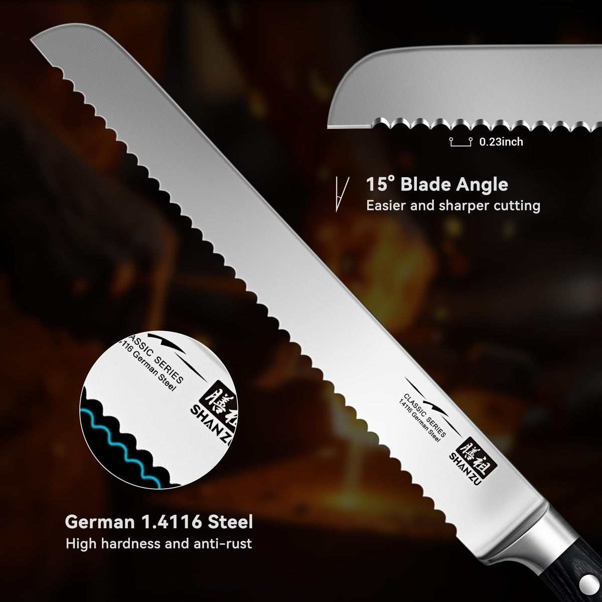SHAN ZU serrated blade prevents sticking for clean bread cuts