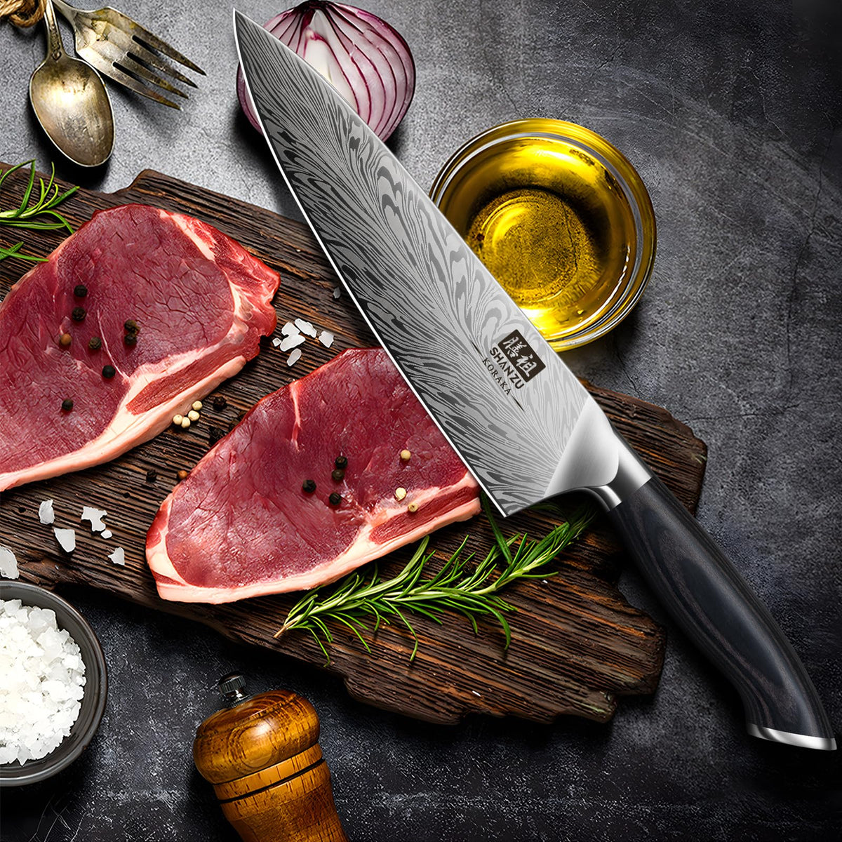SHAN ZU Chef Knife ergonomic grip for comfortable cutting.
