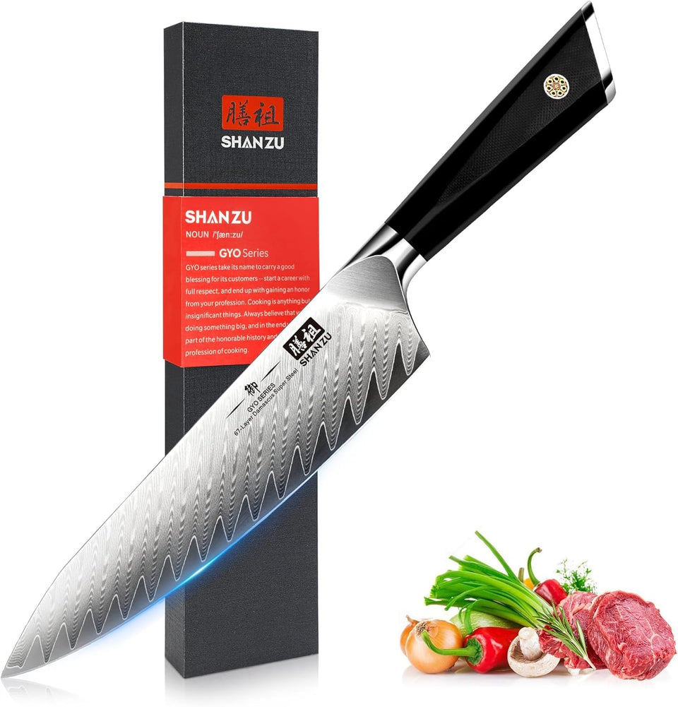 SHAN ZU Damascus 8-inch chef blade close-up showing the sharp edge for precise slicing.