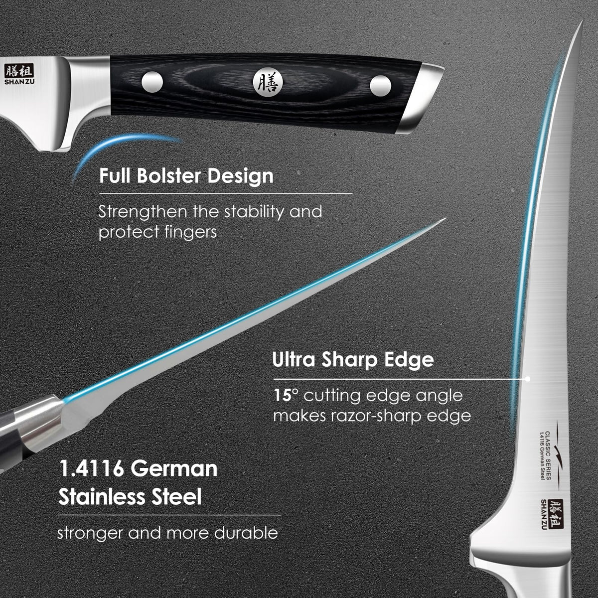 SHAN ZU ergonomic triple-rivet handle ensures secure control.