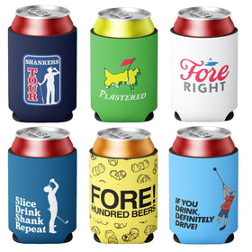 Shanker Golf beer can cooler set on the green showing six-pack practicality and course-friendly design.