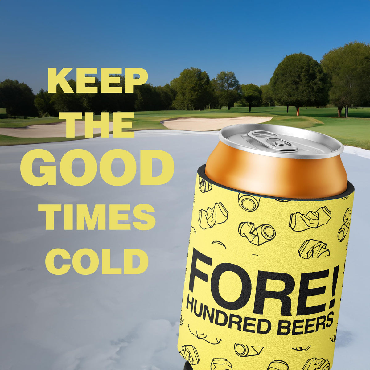 Close-up of Shanker Golf parody logo can cooler highlighting durable neoprene material.