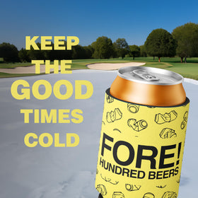 Close-up of Shanker Golf parody logo can cooler highlighting durable neoprene material.