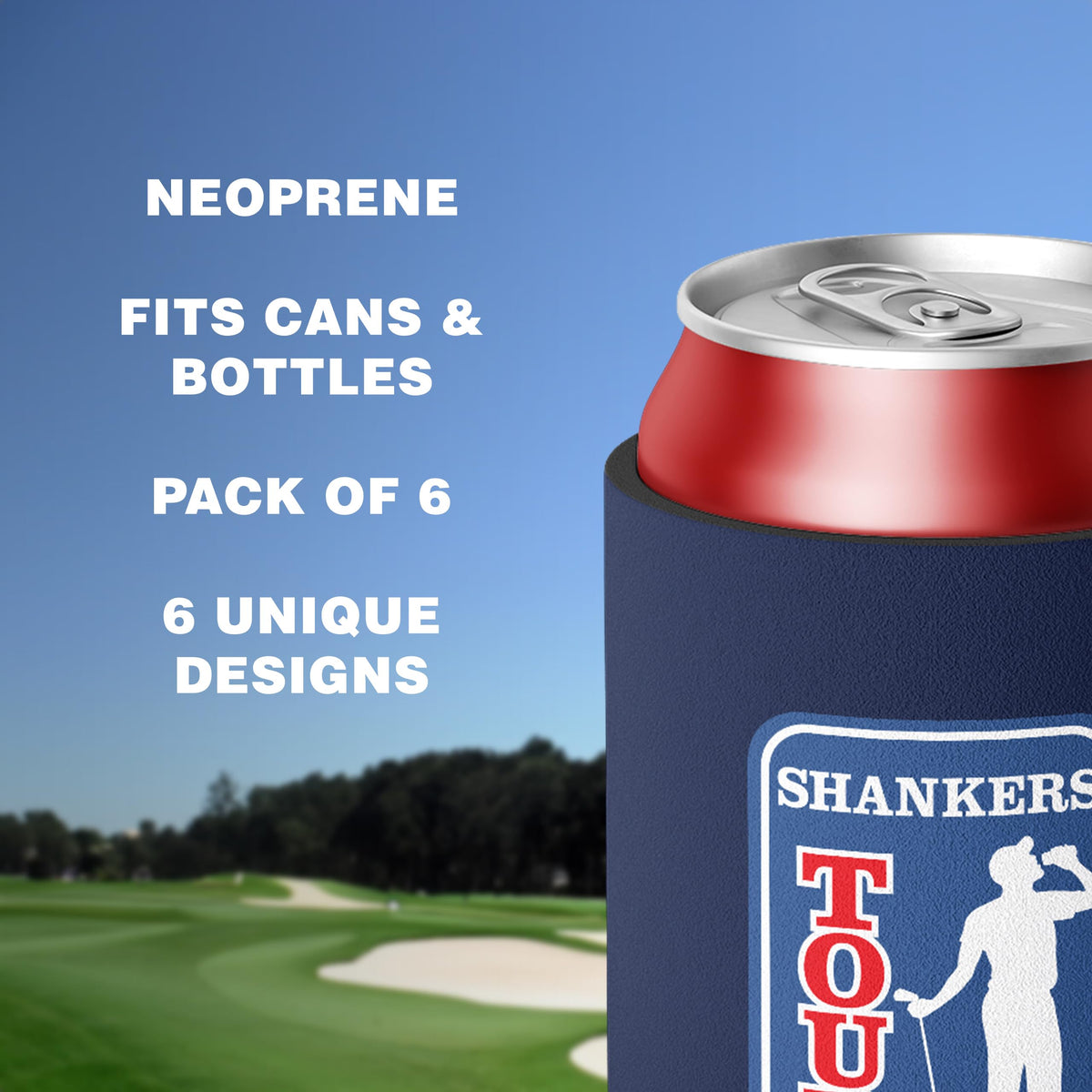 Stacked Shanker Golf six-pack can coolers demonstrating slim, portable design.