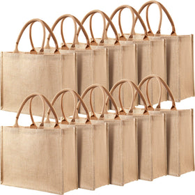 Shappy burlap tote front blank surface for DIY art and customization.