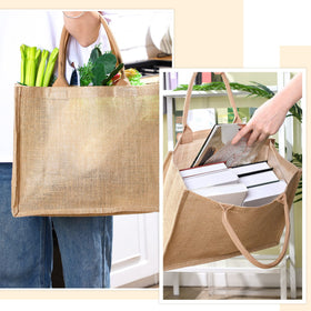 Shappy burlap tote with comfortable handles for easy daily carry.