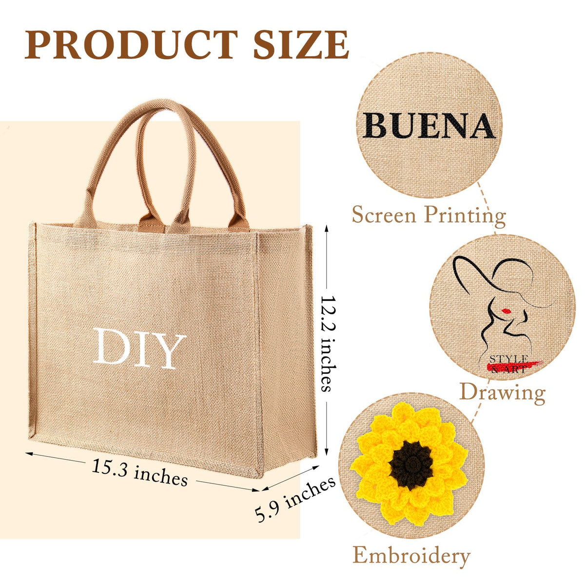 Shappy burlap tote wide bottom provides stability and more capacity.