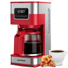 SHARDOR 10-Cup programmable coffee maker with timer showing a scheduled brew.