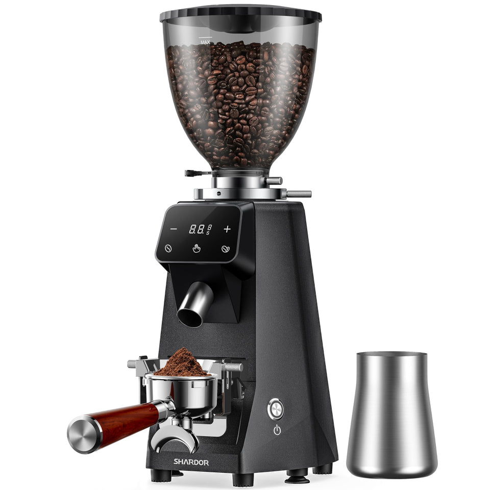 SHARDOR 64mm burr grinder front view highlights durable construction and precise dosing.