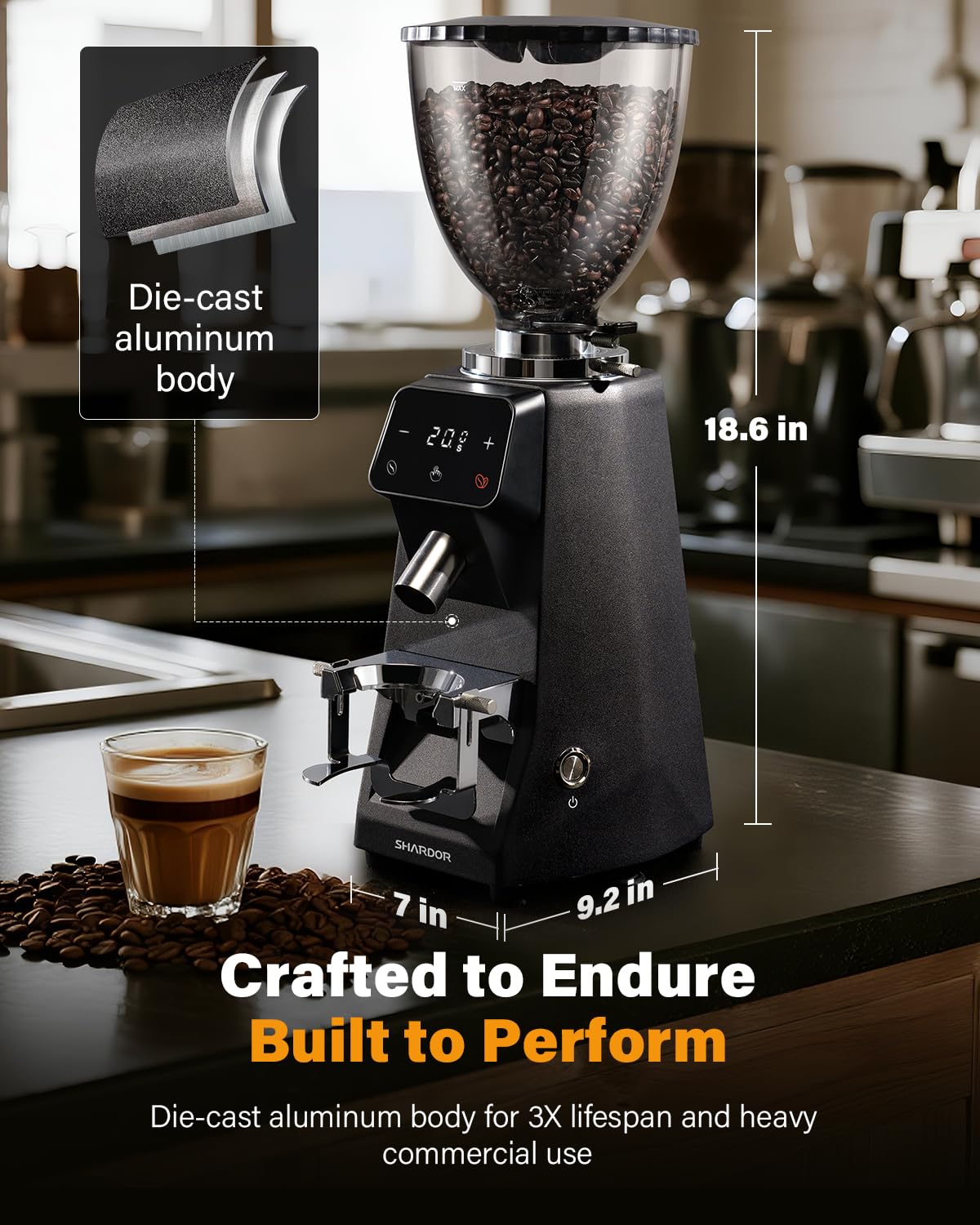 SHARDOR 64mm burr grinder LED touchscreen enables accurate, quick grind adjustments.