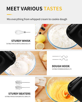 SHARDOR attachments stainless steel include beaters, hooks, and whisk for versatile cooking