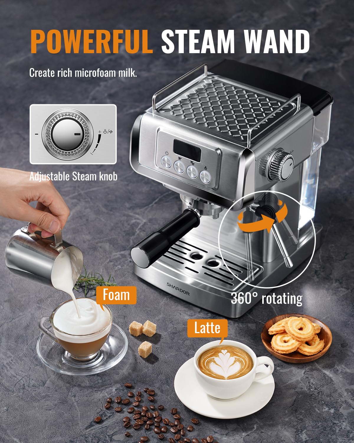 SHARDOR built-in steam wand froths milk for lattes and cappuccinos.