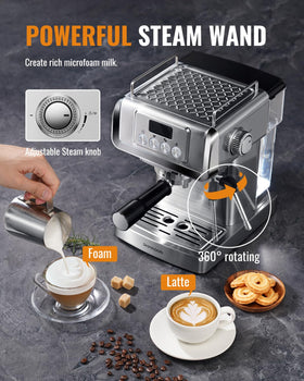 SHARDOR built-in steam wand froths milk for lattes and cappuccinos.