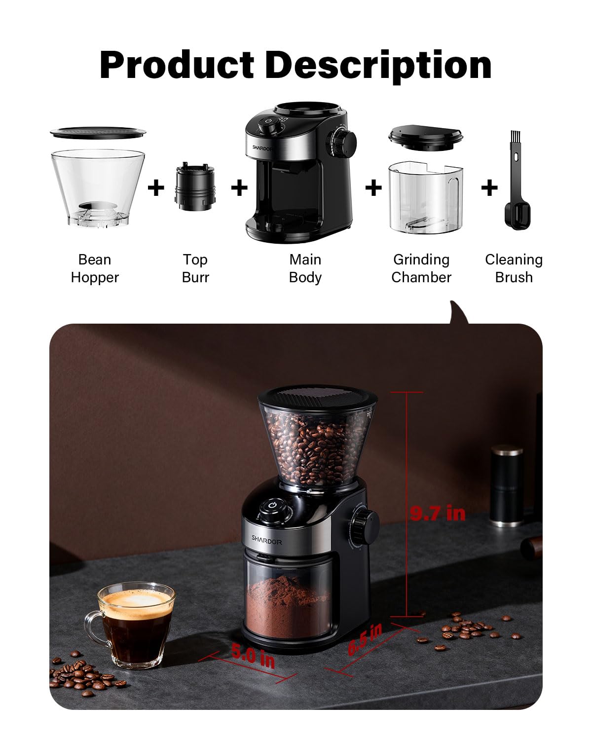 SHARDOR grinder in use evokes fresh aroma and consistent grounds.