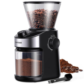 SHARDOR burr coffee grinder front view showing compact footprint for small kitchens.