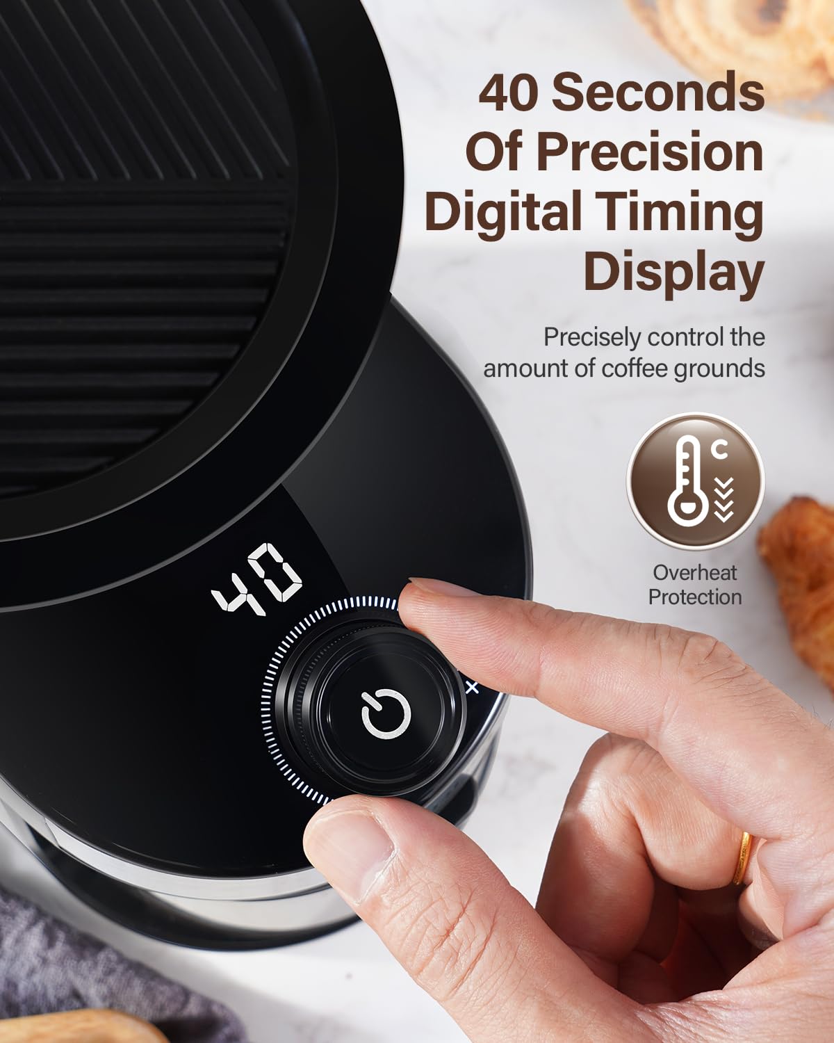 SHARDOR burr grinder side view highlights slim profile on countertops.