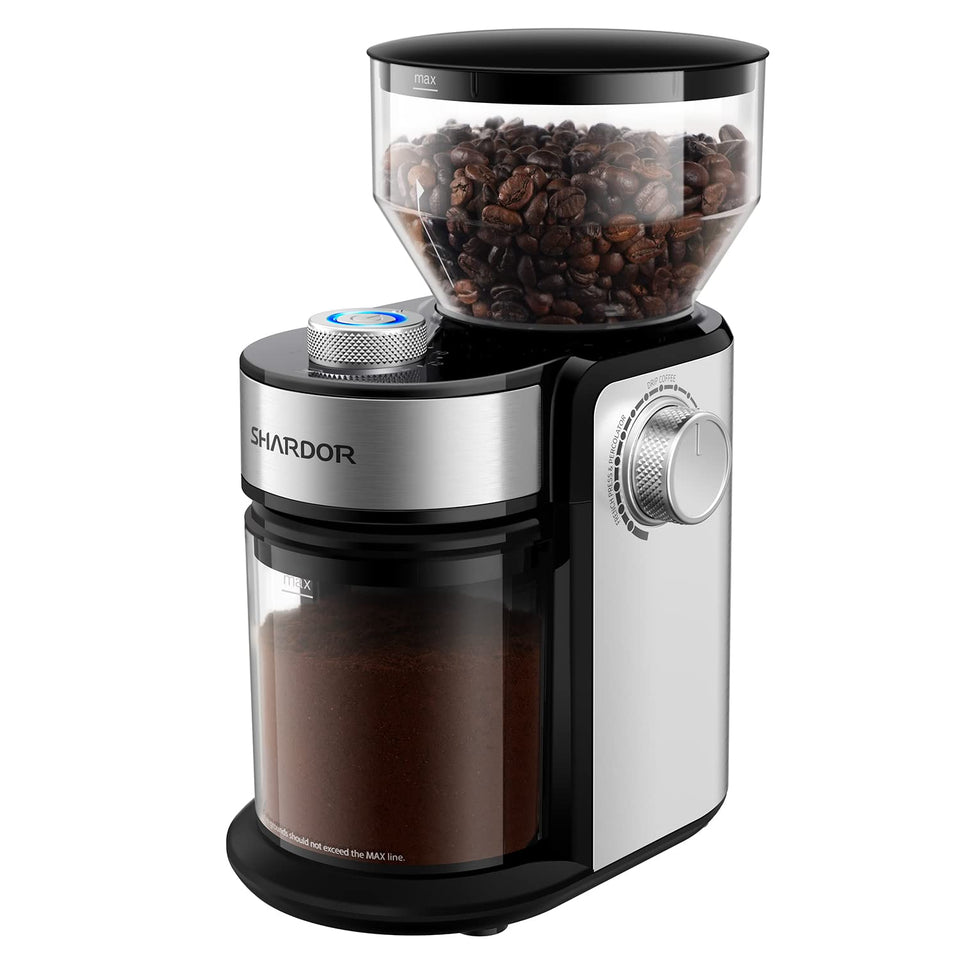 SHARDOR burr grinder front view showing stainless steel finish and precise grind