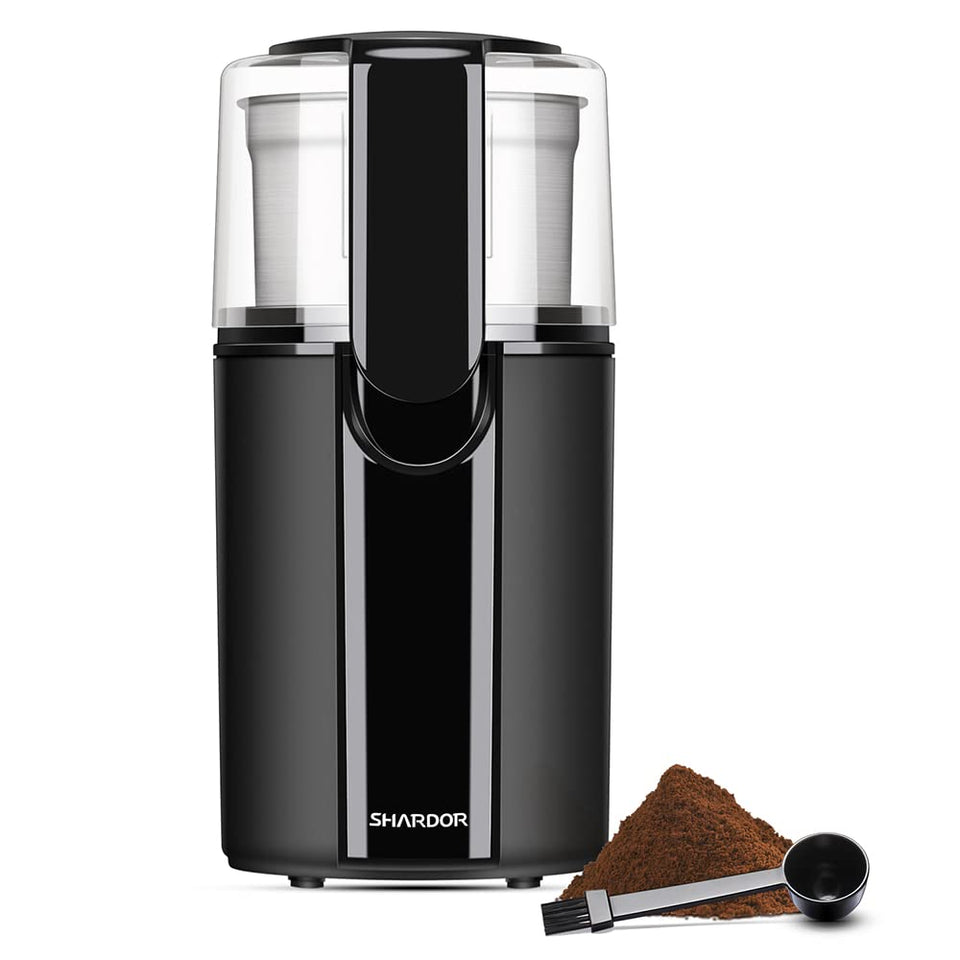 SHARDOR coffee grinder front view in black, compact design for daily use