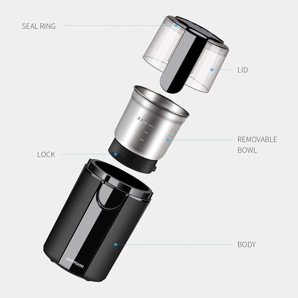 SHARDOR grinder side view highlights compact body and sleek black finish