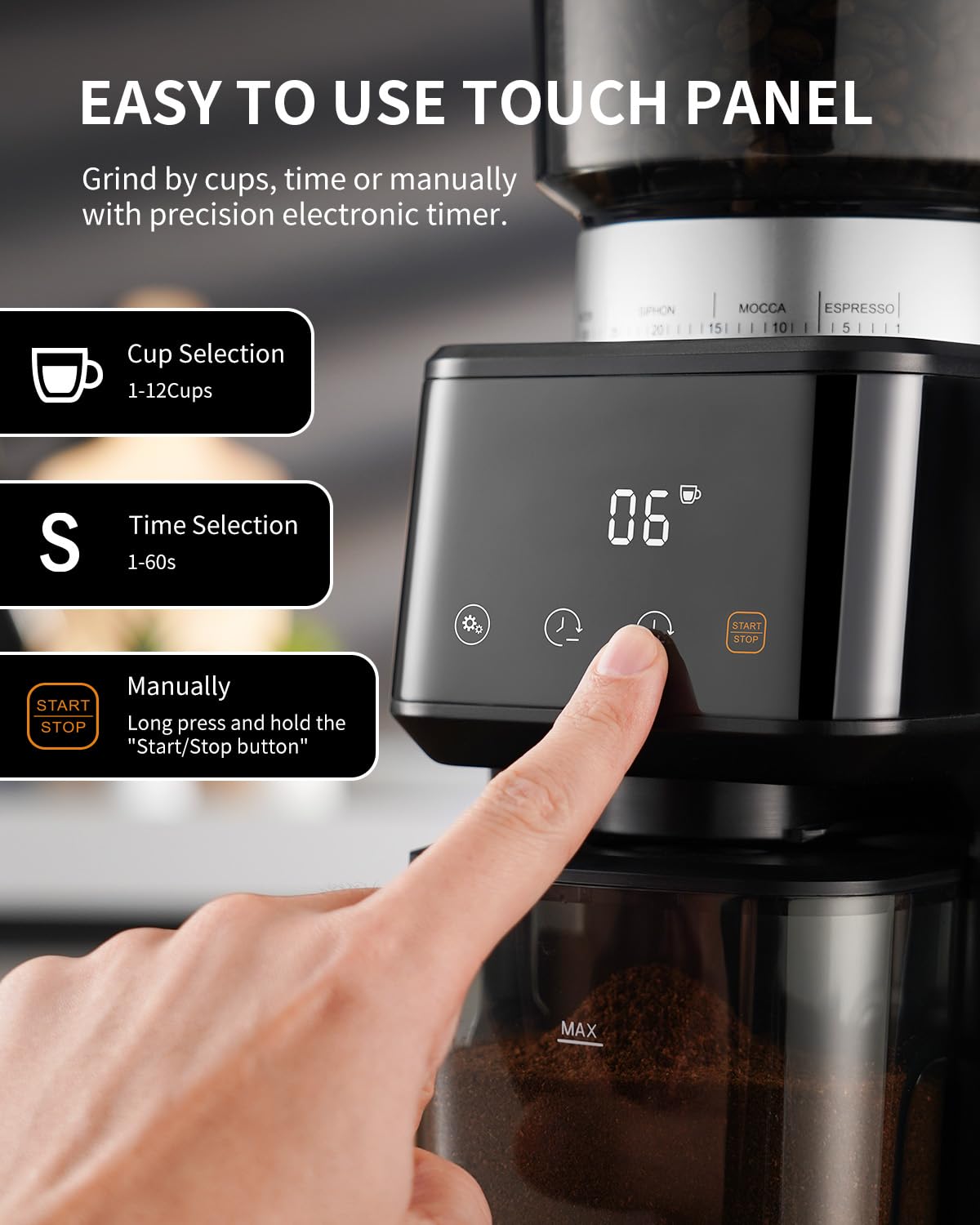SHARDOR conical burr grinder dispensing chamber highlights anti-static design