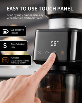 SHARDOR conical burr grinder dispensing chamber highlights anti-static design