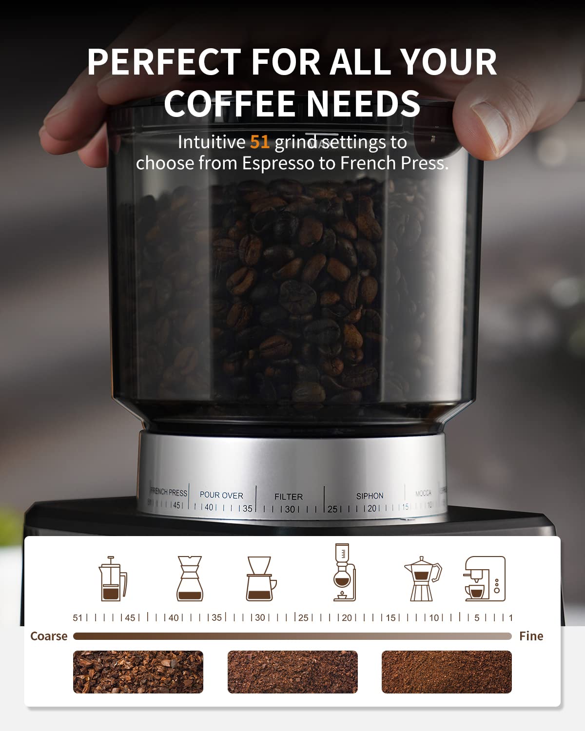 SHARDOR grinder with 51 settings dial for espresso to French press