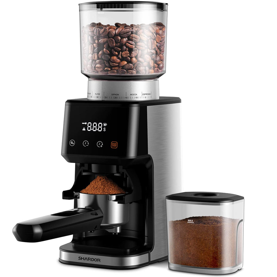 SHARDOR conical burr grinder top view in stainless steel for premium espresso